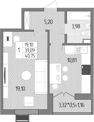 Планировка — Сады у моря, 1-комн., 39 м²
