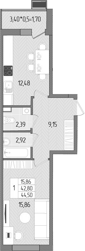 Планировка — Сады у моря, 1-комн., 43 м²