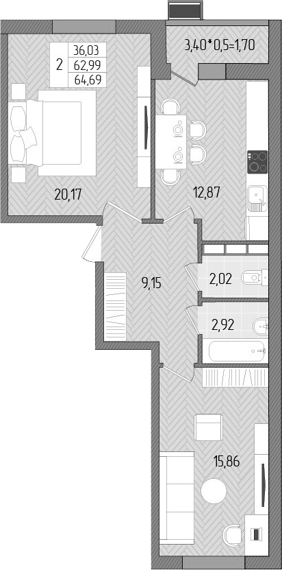 Планировка — Сады у моря, 2-комн., 63 м²