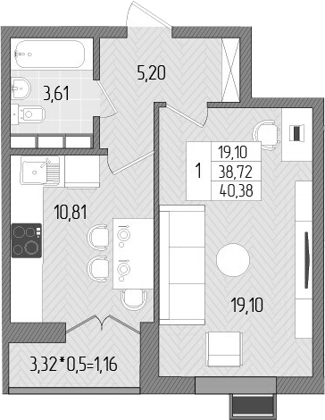 Планировка — Сады у моря, 1-комн., 39 м²