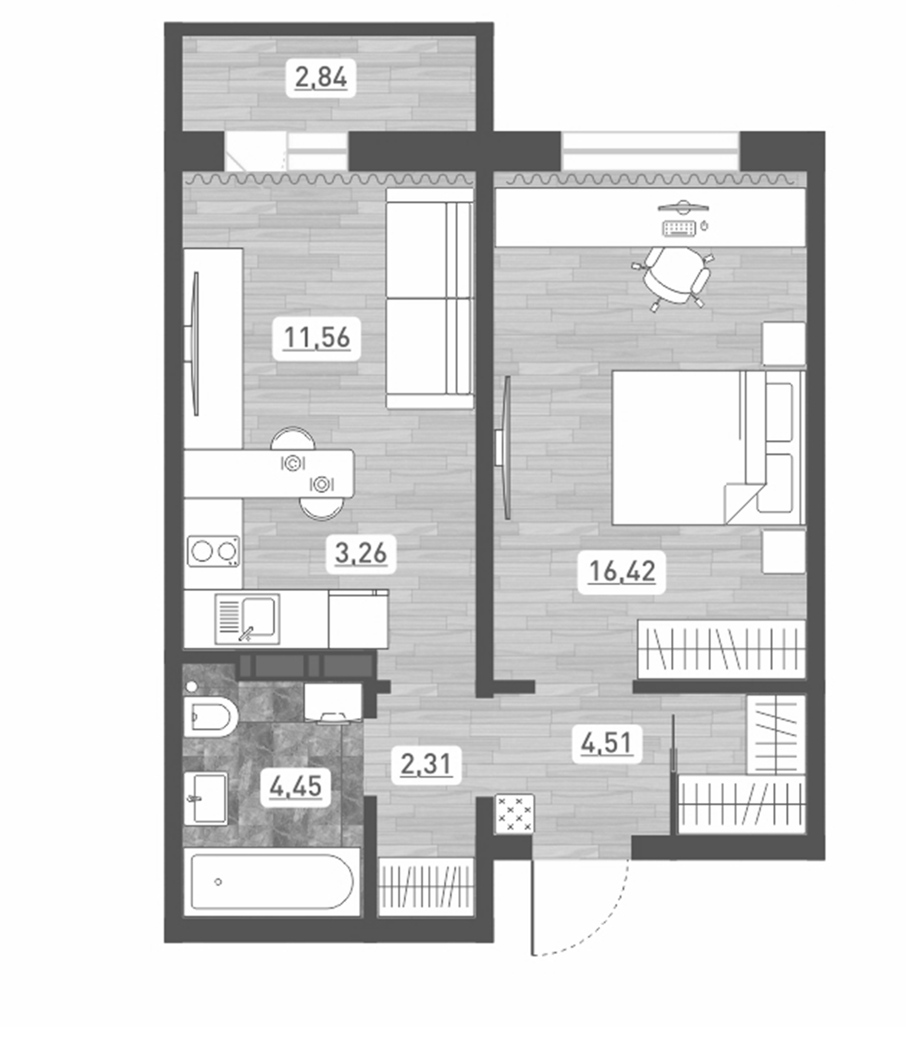 Планировка — Радуга Сибири, 2-комн., 43 м²