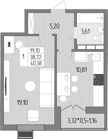 Планировка — Сады у моря, 1-комн., 39 м²