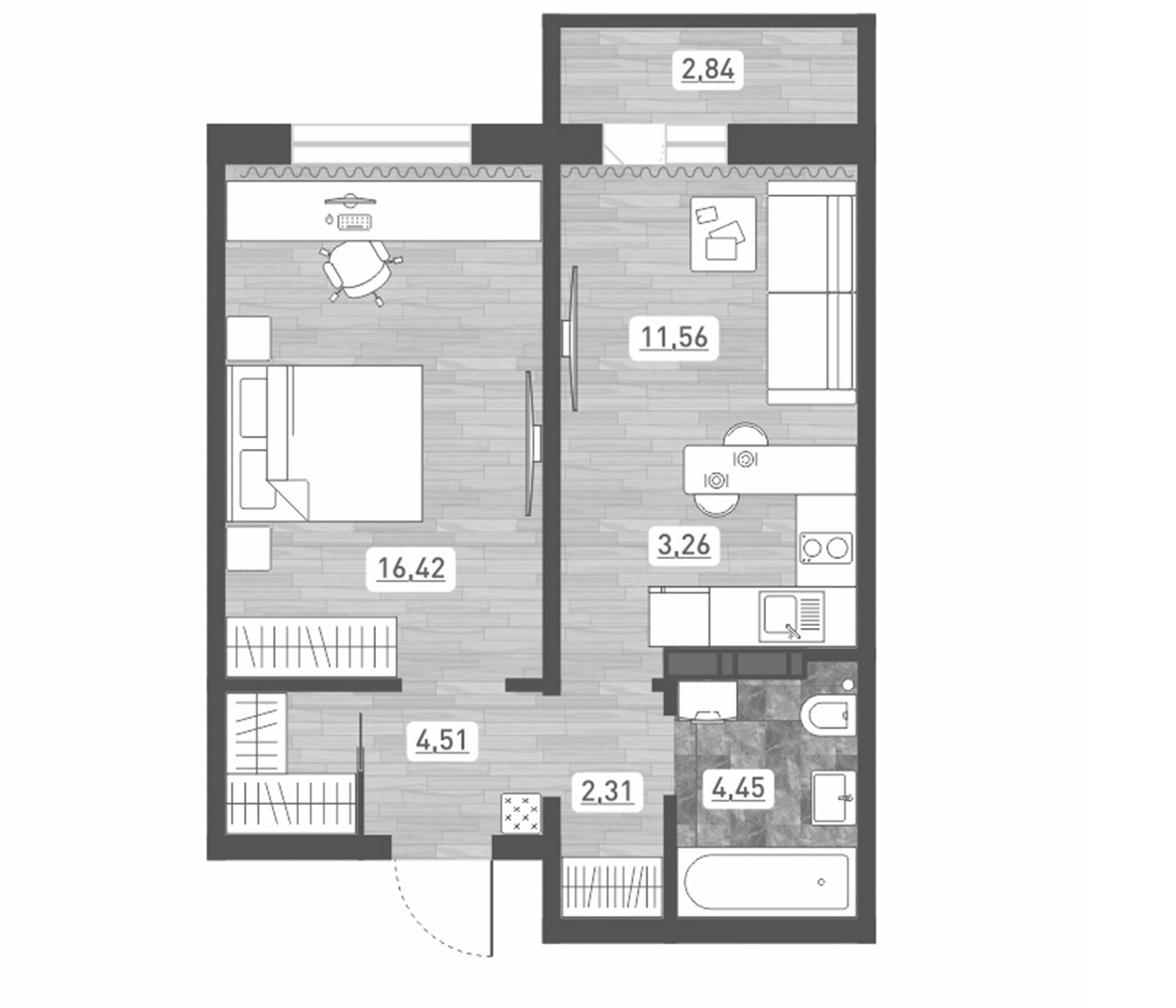 Планировка — Радуга Сибири, 2-комн., 43 м²
