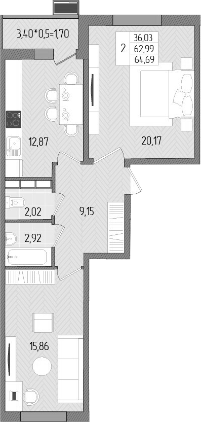 Планировка — Сады у моря, 2-комн., 63 м²