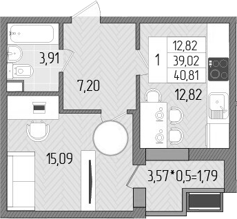 Планировка — Сады у моря, 1-комн., 39 м²