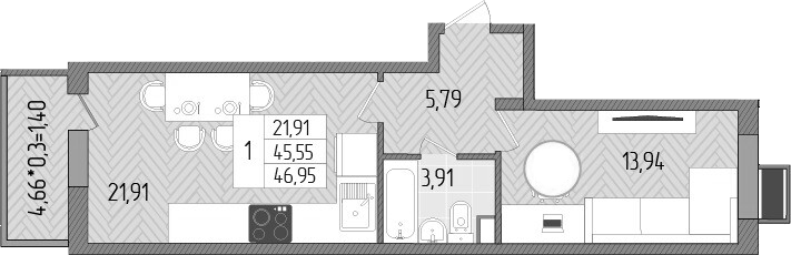 Планировка — Сады у моря, 1-комн., 46 м²