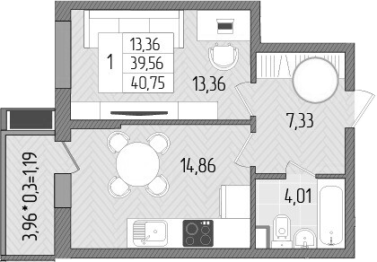 Планировка — Сады у моря, 1-комн., 40 м²