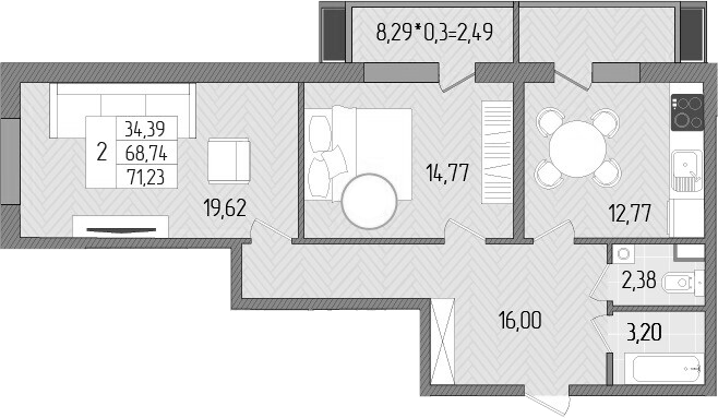 Планировка — Сады у моря, 2-комн., 69 м²