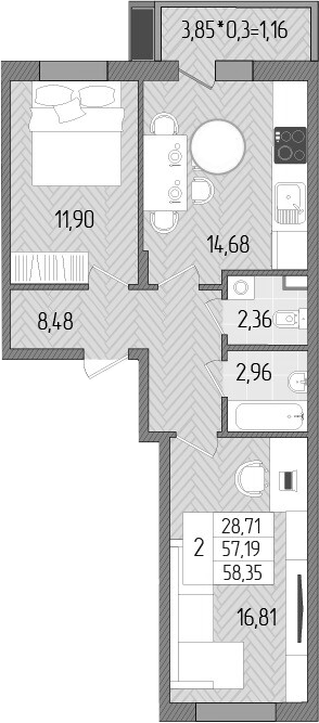 Планировка — Сады у моря, 2-комн., 57 м²