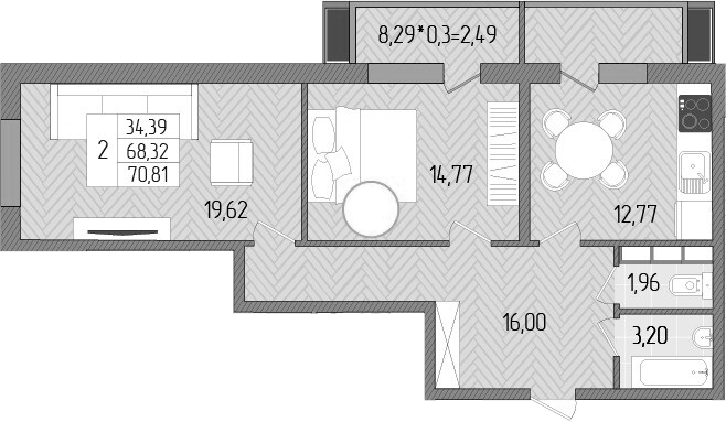 Планировка — Сады у моря, 2-комн., 68 м²
