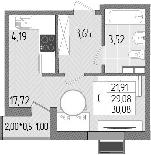 Планировка — Сады у моря, Студия, 29 м²