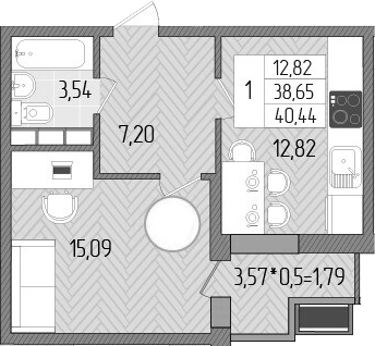 Планировка — Сады у моря, 1-комн., 39 м²