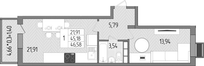 Планировка — Сады у моря, 1-комн., 45 м²