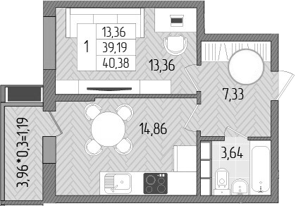 Планировка — Сады у моря, 1-комн., 39 м²
