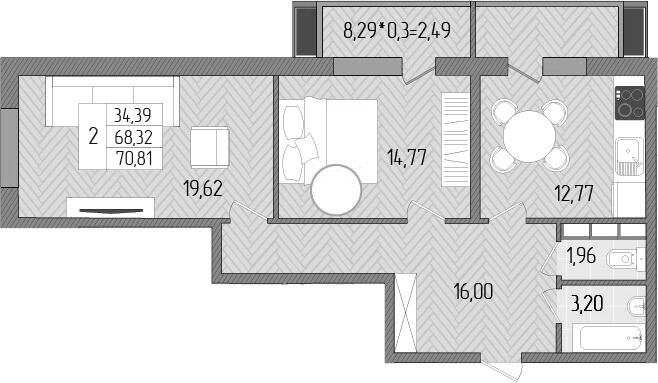 Планировка — Сады у моря, 2-комн., 68 м²