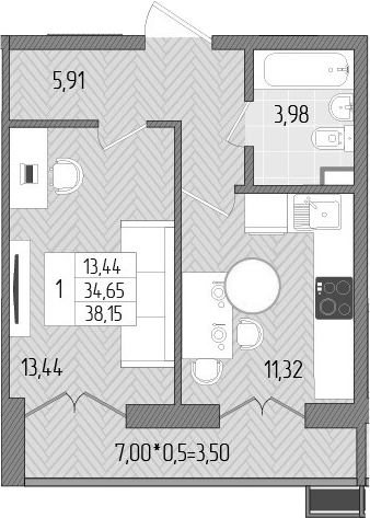 Планировка — Сады у моря, 1-комн., 35 м²