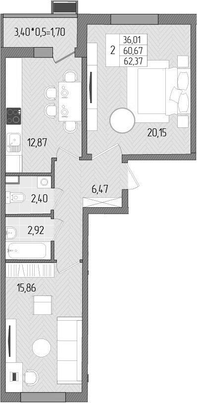 Планировка — Сады у моря, 2-комн., 61 м²