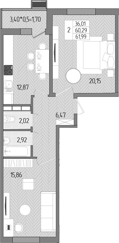 Планировка — Сады у моря, 2-комн., 60 м²