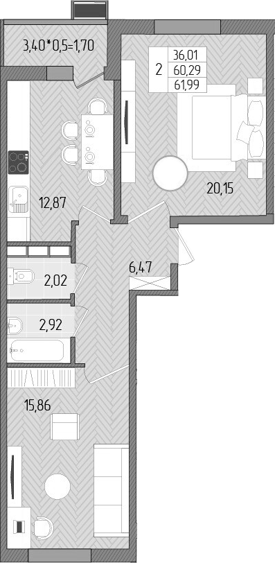 Планировка — Сады у моря, 2-комн., 60 м²