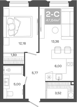 Планировка — Пульсар, 2-комн., 48 м²