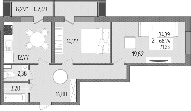 Планировка — Сады у моря, 2-комн., 69 м²