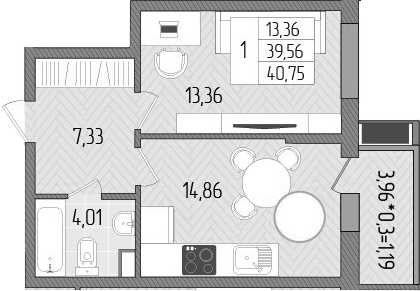 Планировка — Сады у моря, 1-комн., 40 м²