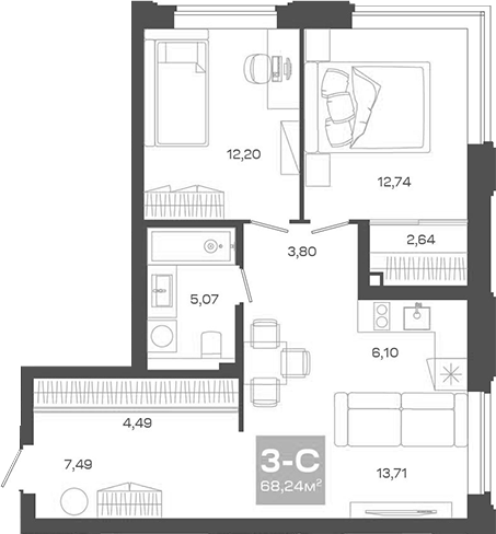 Планировка — Пульсар, 3-комн., 68 м²