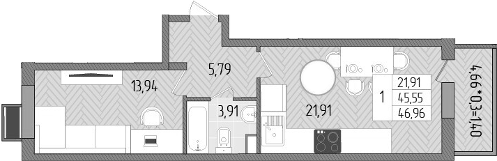 Планировка — Сады у моря, 1-комн., 46 м²