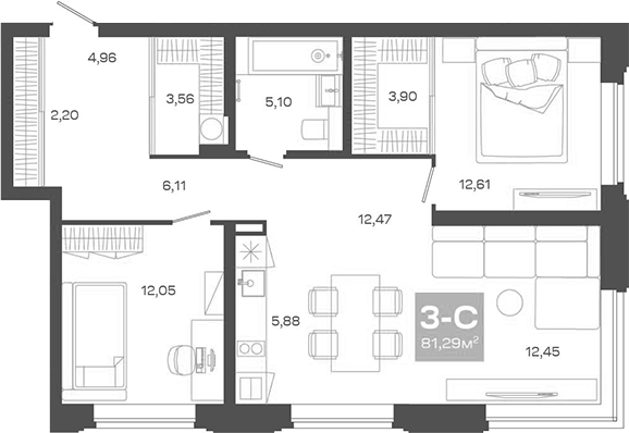 Планировка — Пульсар, 3-комн., 81 м²