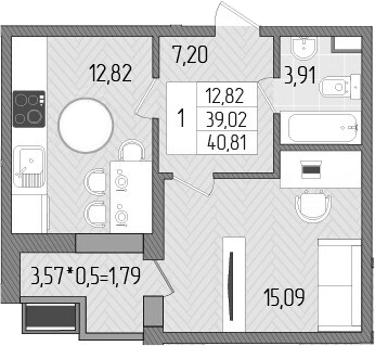 Планировка — Сады у моря, 1-комн., 39 м²