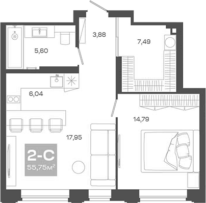 Планировка — Пульсар, 2-комн., 56 м²
