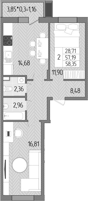 Планировка — Сады у моря, 2-комн., 57 м²