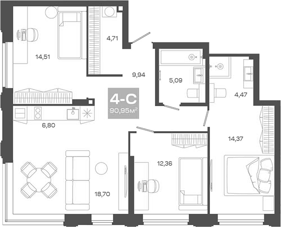 Планировка — Пульсар, 4-комн., 91 м²