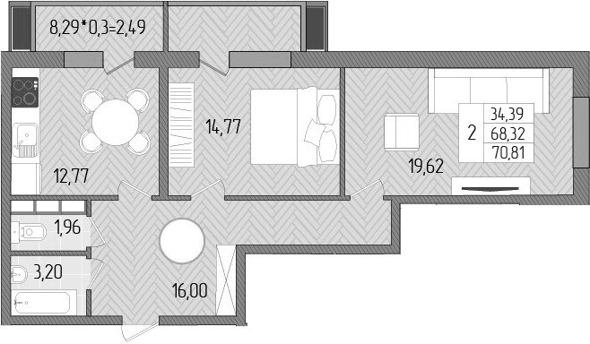 Планировка — Сады у моря, 2-комн., 68 м²