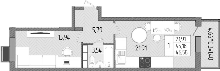 Планировка — Сады у моря, 1-комн., 45 м²