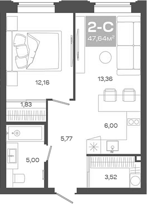 Планировка — Пульсар, 2-комн., 48 м²