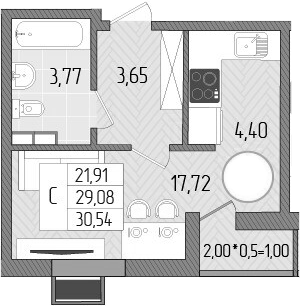 Планировка — Сады у моря, Студия, 30 м²