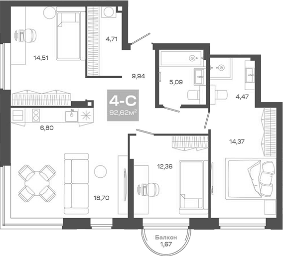 Планировка — Пульсар, 4-комн., 91 м²