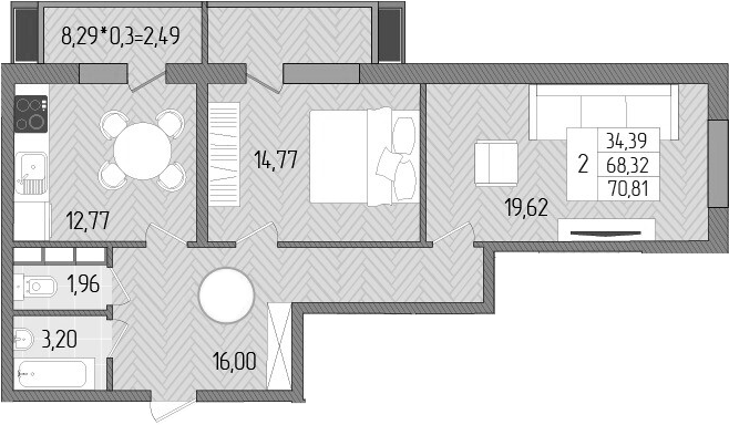 Планировка — Сады у моря, 2-комн., 68 м²
