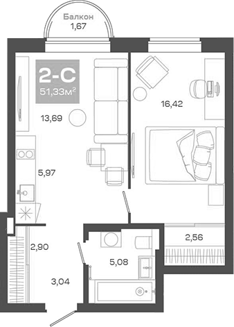 Планировка — Пульсар, 2-комн., 50 м²
