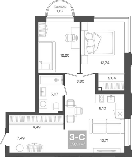 Планировка — Пульсар, 3-комн., 68 м²