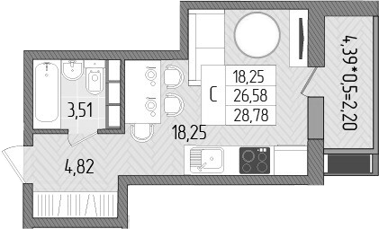 Планировка — Сады у моря, Студия, 27 м²