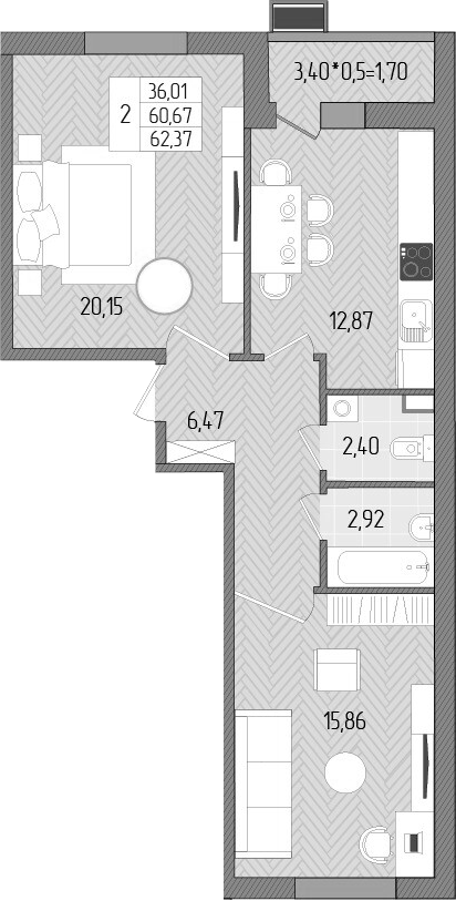 Планировка — Сады у моря, 2-комн., 61 м²