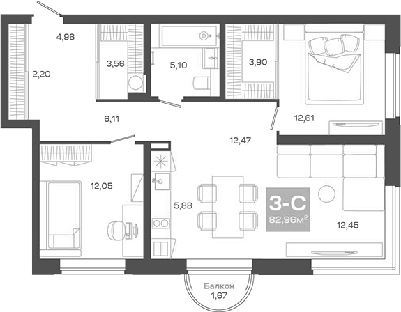 Планировка — Пульсар, 3-комн., 81 м²