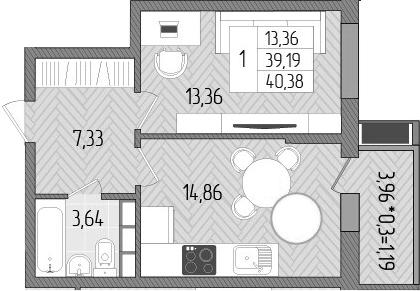 Планировка — Сады у моря, 1-комн., 39 м²