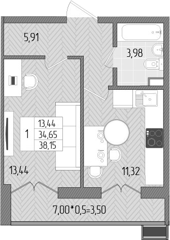 Планировка — Сады у моря, 1-комн., 35 м²