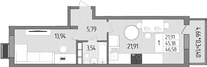 Планировка — Сады у моря, 1-комн., 45 м²