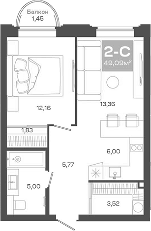 Планировка — Пульсар, 2-комн., 48 м²