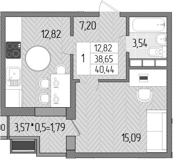 Планировка — Сады у моря, 1-комн., 39 м²