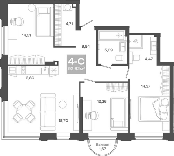 Планировка — Пульсар, 4-комн., 91 м²